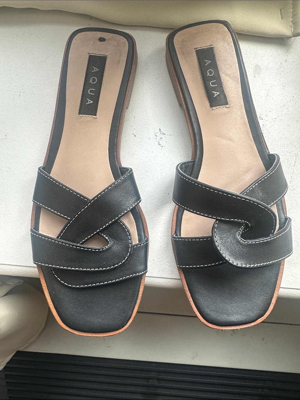 Aqua Black Leather-Look Slide Sandals with Contrast Stitching